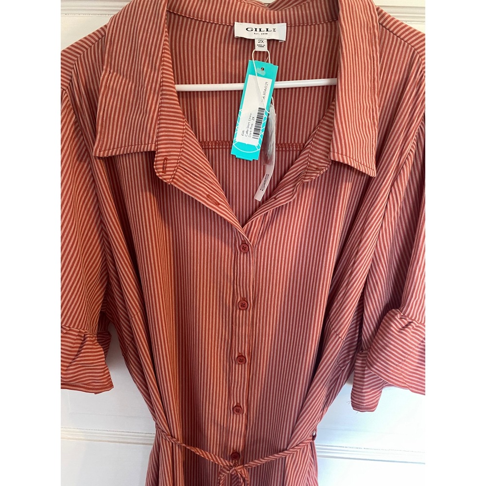 Gilli Calla Shirt Dress 2X Dark Pink Striped Ruffle Sleeve Button Front New - Picture 2 of 14